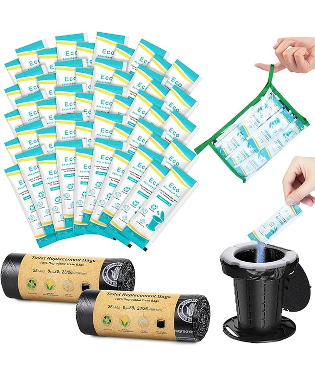 BLIKA 50 Count Camping Toilet Bags Eco Absorbent Gel Set, Portable Toilet Bags with Gel, 8 Gallon, 30 Liter, Heavy Duty 1 Mil, Toilet Replacement Bags with Toilet Powder for Camping Outdoor Hiking