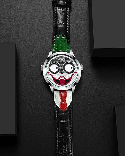 NIBOSI Watches for Men Analog Quartz Clown Dial Wrist Watches Unique Weird Fashion Cool Watch Waterproof Leather Strap Men's Watches