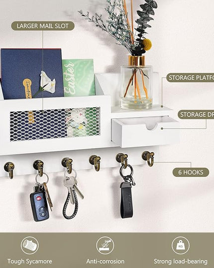 FifthQuarter Key and Mail Holder for Wall, Mail Organizer Wall Mount with 6 Hooks and Storage Drawer, Easy Installation Key Rack for Entryway and Home Decor (B-White)