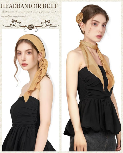 Chiffon Scarf for Women, Removable Flower Neck Scarf Light Soft Fashion Rose Scarves Versatile Headband or Hair Band