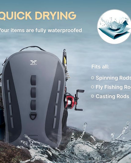 Xelfly Waterproof Fishing Backpack G2 with Rod Holder, Inflatable Air Valve, Padded Waist Straps & Gear Loops - Submersible Zipper, Rugged Top Handle, Adjustable Attachments (Gray)