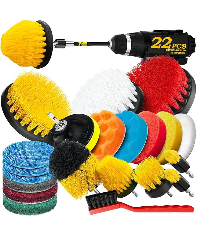Holikme 22Pack Drill Brush Attachments Set,Scrub Pads & Sponge, Buffing Pads,Power Scrubber Brush,Car Polishing Pad Kit,Wax Applicator Pad,Car Cleaning Kit,Masonry Brushes,Cleaning Supplies