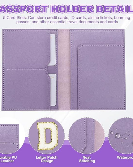 PATIKIL Passport Holder for Travel, Initial Passport Cover and Luggage Tag Set with Alphabet Chenille Letter Patch Travel Wallet Bag Suitcase Identifier for Women Family Travel Purple D