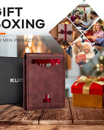 RUNBOX Wallet for Men Slim Leather Bifold RFID Blocking Minimalist Front Pocket Design with Gift Box