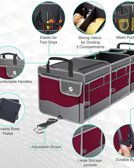 Trunk Organizer with Cooler, Collapsible Trunk Storage Container with Non Slip Bottom Strips, Large Multi-Compartment Waterproof Car Trunk Organizer Groceries for Vehicle Sedan, SUV, Van(Wine Red)