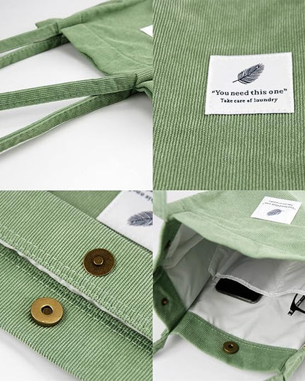 Corduroy Tote Bag Cute Tote Bags for Women Shoulder Bag with Inner Pocket for Work Beach Travel and Shopping Grocery