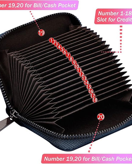 Linno RFID 20 Slots Credit Card Holder Genuine Leather Small Wallet for Women or Men with Zipper
