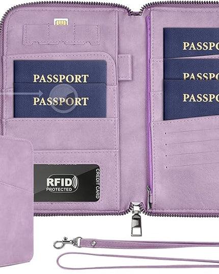 Family Passport Holder Wallet RFID Travel Document Organizer for Women Men, Portable Case Cover for Cards, Boarding Pass with Wrist & Neck Double Strap, Travel Christmas Gifts (Purple, 1pack)