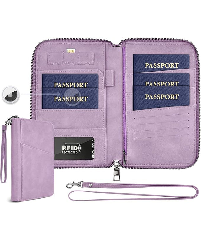 Family Passport Holder Wallet RFID Travel Document Organizer for Women Men, Portable Case Cover for Cards, Boarding Pass with Wrist & Neck Double Strap, Travel Christmas Gifts (Purple, 1pack)