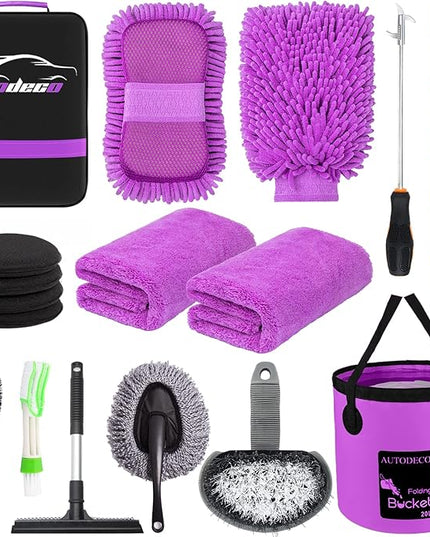 AUTODECO 22Pcs Car Wash Cleaning Tools Kit Car Detailing Set with Canvas Bag Purple Collapsible Bucket Wash Mitt Sponge Towels Tire Brush Window Scraper Duster Complete Interior Car Care Kit