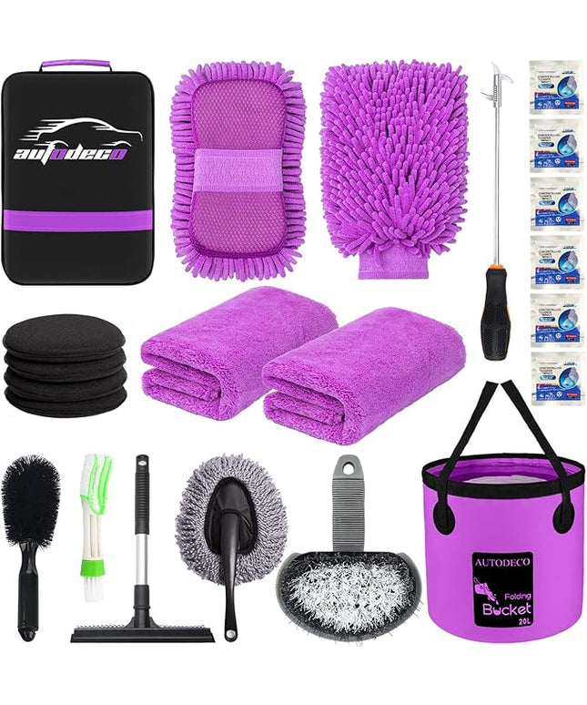 AUTODECO 22Pcs Car Wash Cleaning Tools Kit Car Detailing Set with Canvas Bag Purple Collapsible Bucket Wash Mitt Sponge Towels Tire Brush Window Scraper Duster Complete Interior Car Care Kit