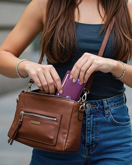 Buffway Slim Minimalist Front Pocket RFID Blocking Leather Wallets for Men and Women - Cross Purple