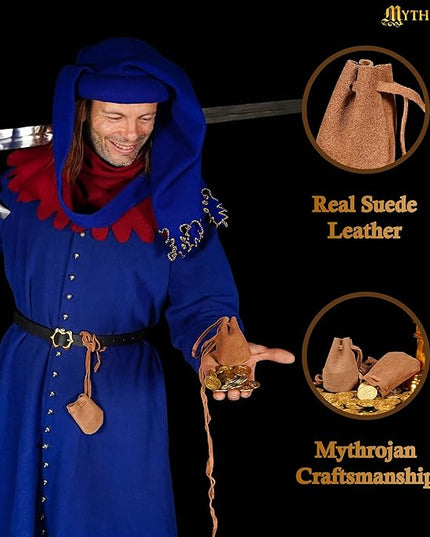 Mythrojan Small Trinket Pouches Suede Leather Drawstring Coin & Dice Bags for LARP, SCA, Viking & Medieval Events (Brown - Pack of 4)