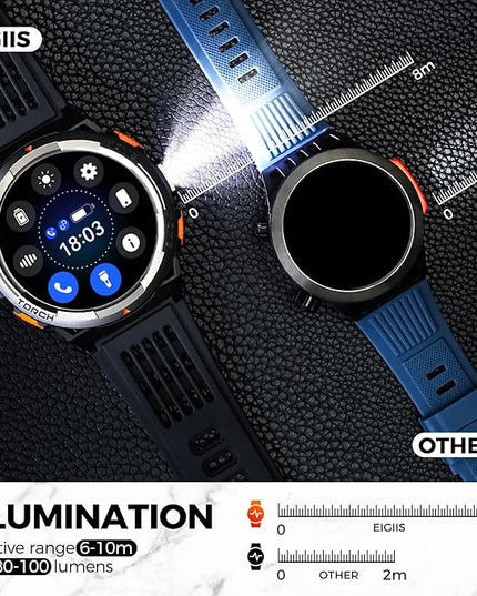 KE5 Military Smart Watch for Men with Flashlight SOS 3ATM Waterproof Watch 530mAh Big Battery 1.45" Rugged Tactical Smartwatch with Compass Elevation Barometer Fitness Watch for iPhone (Leather)