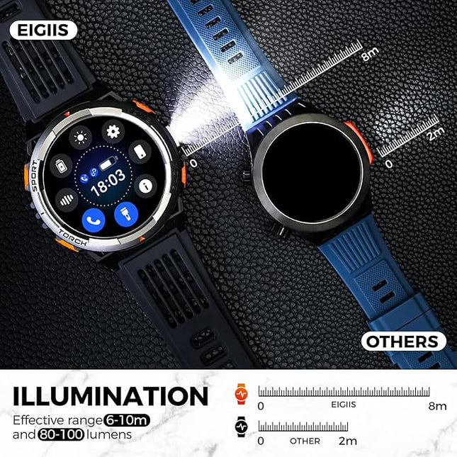 EIGIIS KE5 Military Smart Watch for Men with Flashlight SOS 3ATM Waterproof Watch 530mAh Big Battery 1.45" Rugged Tactical Smartwatch with Compass Elevation Barometer Fitness Watch for iPhone (Brown)