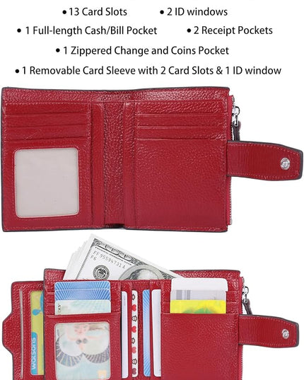 AINIMOER Women's RFID Blocking Leather Small Compact Bi-fold Zipper Pocket Wallet Card Case Purse with id Window