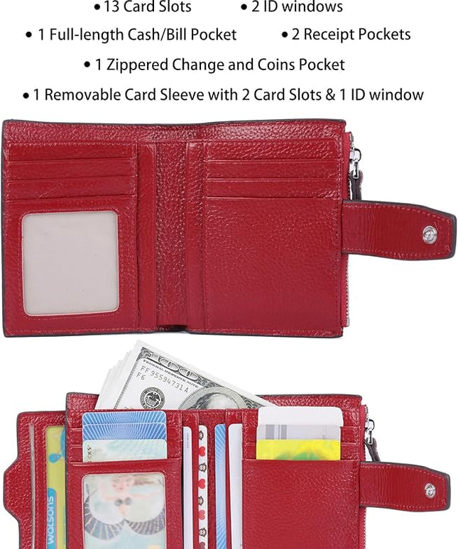 AINIMOER Women's RFID Blocking Leather Small Compact Bi-fold Zipper Pocket Wallet Card Case Purse with id Window