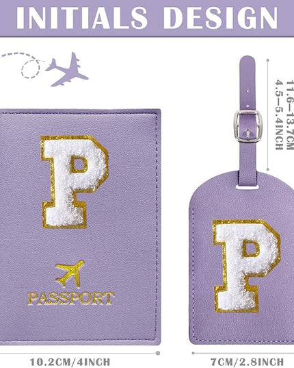 COSHAYSOO Purple Passport Cover and Initial Luggage Tag Set TSA Approved with Preppy Chenille Letter Patch, Trendy Traveling Bag Backpack Suitcase Identifier Stocking Stuffer Gifts for Women Girls (P)
