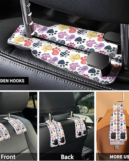 Car Seat Headrest Hook, Universal Leather Cute Hanger Holder Hook, Storage Organizer Interior Accessories for Purse Bags Handbag Cute Colorful Dog Paws
