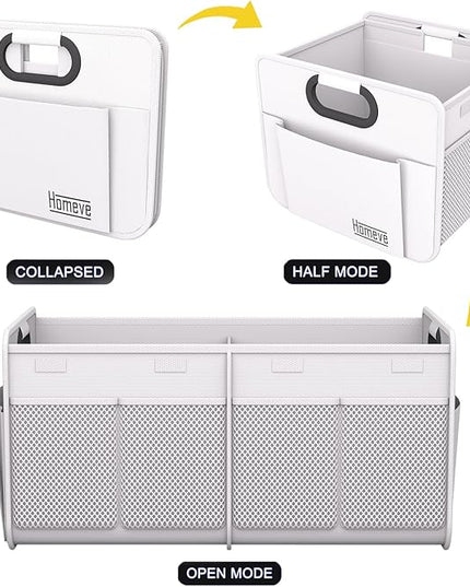 Homeve Trunk Organizer, Car Storage, Reinforced Handles, Collapsible Multi-Compartment, Foldable, Waterproof, Sturdy, 600D Oxford Polyester For Car, SUV, Mini-Van, White, 2 Compart-Small
