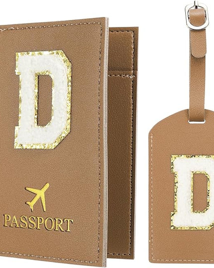 PATIKIL Passport Holder for Travel, Initial Passport Cover and Luggage Tag Set with Alphabet Chenille Letter Patch Travel Wallet Bag Suitcase Identifier for Women Family Travel Brown D