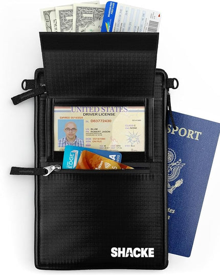 Shacke Hidden Travel 2 in 1 Belt Wallet Black Neck/Belt Hybrid Wallet w/RFID Blocker - Neck Pouch Passport Holder