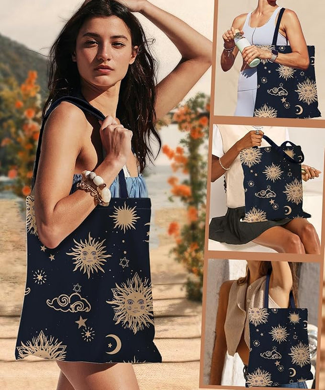 Aesthetic Canvas Tote Bag for Women - Sturdy Cloth Cotton Totes Bag with Pattern Shoulder Bag
