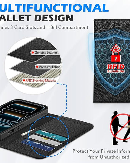SHIELDON Real Leather Wallet Case for iPhone 17 Pro 6.3 Inch 5G 2025 | Magnetic Cover | RFID Blocking Card Slots | Kickstand | Folio Protective Phone Shell | Women Men | Pebbled Black
