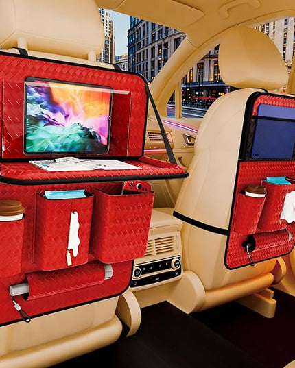 Car Back Seat Organizer, Black Woven Leather Storage Bag, Multifunctional Rear Seat Protector with Tablet Holder, 25.2x17.7 Inches, Abrasion Resistant (red)