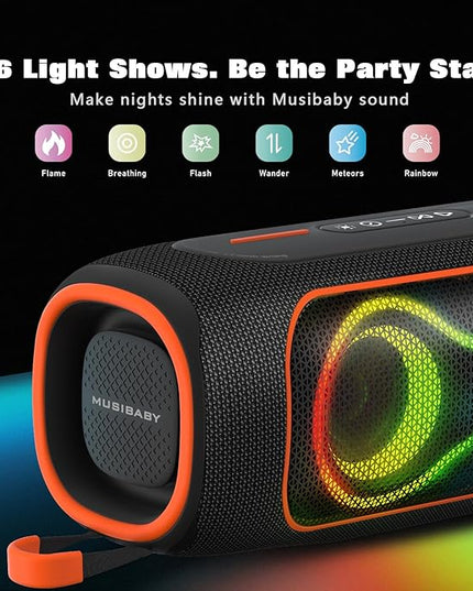 MusiBaby Portable Bluetooth Speakers with Lights, 80W Loud Outdoor Wireless Speaker with Stereo Sound, IPX5 Waterproof, 24H Playtime, BT 5.3, FM, for Home/Travel/Praty Valentines Gifts (Black)