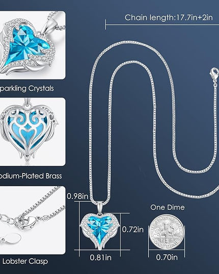 CDE Christmas Gifts for Women Angel Wings Necklace for Women with Birthstone, Love Heart Silver Tone/Gold Tone Pendant, Ideal Anniversary or Birthday Jewelry Gifts for Wife Girlfriend Her