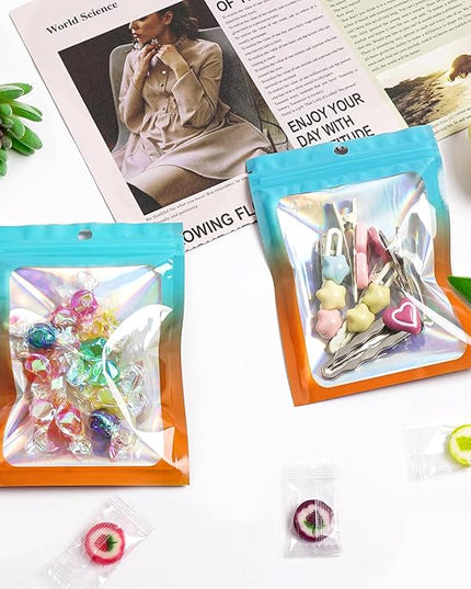 Funfery 300 Pack Smell Proof Resealable Bags for Food Storage,Holographic Bags 4x6 Blue Orange Mylar Clear Packaging Bag- Scent Proof for Cookies, Zip Foil Pouch for Small Business