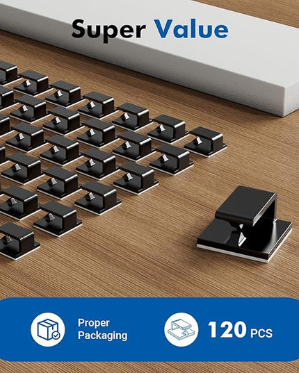 120Pcs Cable Clips, Small, Black, Adhesive Wire Clips, Cable Management Wire Organizer Cord Holder for Under Desk, Car, Wall, TV PC Ethernet Cable