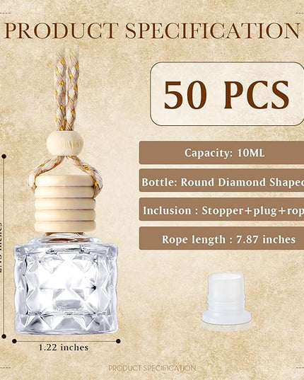 BBTO 50 Pcs Hanging Car Air Freshener Car Diffuser Bottles Empty Glass Perfume Bottle Freshener Diffuser Bottle Pendant for Essential Oil Fragrance Aromatherapy Bottle Ornament(Diamond)