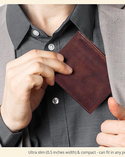 Oak Leathers Slim Leather Wallet for Men - RFID Blocking Slim Minimalist Front Pocket - Thin & Stylish with ID Window, Gift For Men (Vintage Brown)