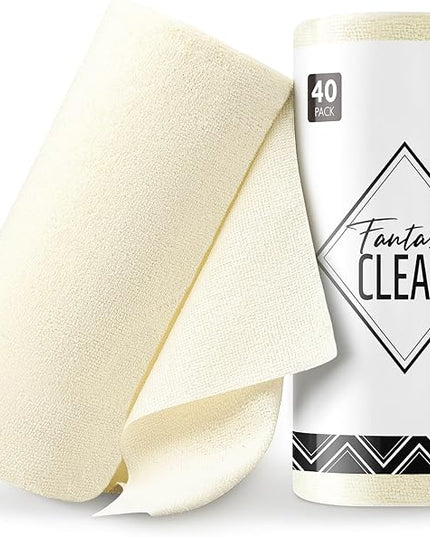 Fantasticlean Microfiber Cleaning Cloth Roll -40 Pack, Tear Away Microfiber Towels, 12" x 12", Reusable, Washable, Scratch Free, Ultra Absorbent Dishcloth for All-Around Cleaning Supplies (Beige)