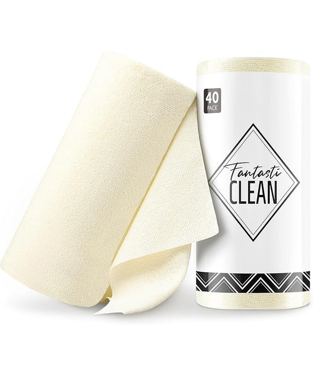 Fantasticlean Microfiber Cleaning Cloth Roll -40 Pack, Tear Away Microfiber Towels, 12" x 12", Reusable, Washable, Scratch Free, Ultra Absorbent Dishcloth for All-Around Cleaning Supplies (Beige)