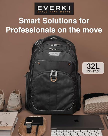 EVERKI 32L Atlas Business Laptop Backpack – Adjustable Compartment for Work, Travel-Friendly Business & Office Backpack for Men & Women, College, Durable Computer Bag, Fits 13"-17.3", Black