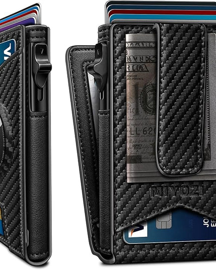 miyozi Airtag Wallet for Men Money Clip 9-Card Pop-Up Credit Card Holder with ID Window RFID Blocking Metal Case Magnetic Closure Front Pocket Wallet Gift Box