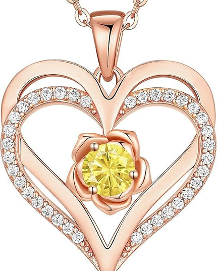 CDE Christmas Gifts for Women S925 Silver Rose Gold Heart Birthstone Necklaces for Women，Ideal Anniversary or Birthday Jewelry Gifts for Wife Girlfriend Her