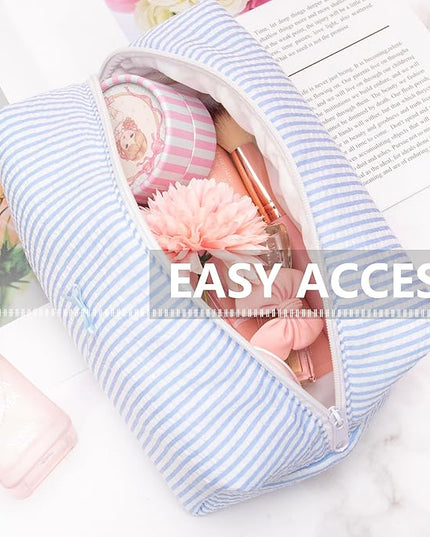 PAZIMIIK 6PCS Cozy Makeup Bag SET Travel Cosmetic Bag for Women Soft Toiletry Bag Aesthetic Makeup Organizer Portable Large Zipper Pouch for Skincare Beauty Accessories Brushes Stripe Blue