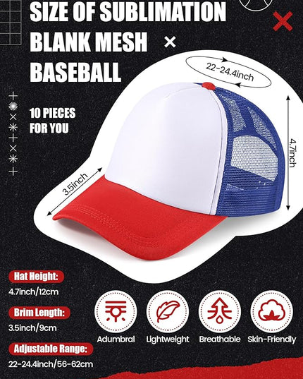 10 Pcs Sublimation Blank Trucker Hats Bulk Mesh Baseball Cap Polyester Mesh Trucker Hat for Men and Women