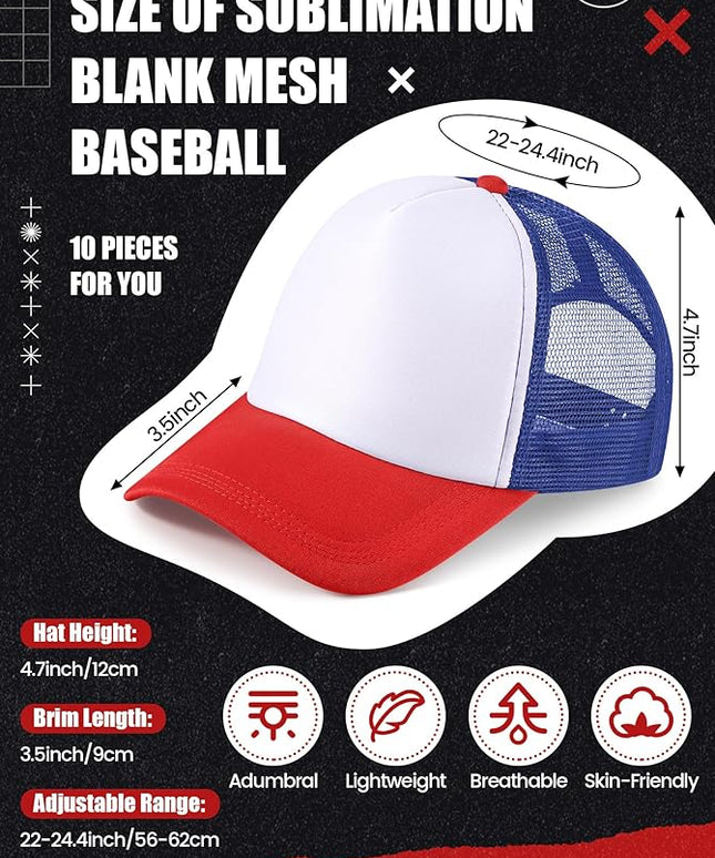 10 Pcs Sublimation Blank Trucker Hats Bulk Mesh Baseball Cap Polyester Mesh Trucker Hat for Men and Women