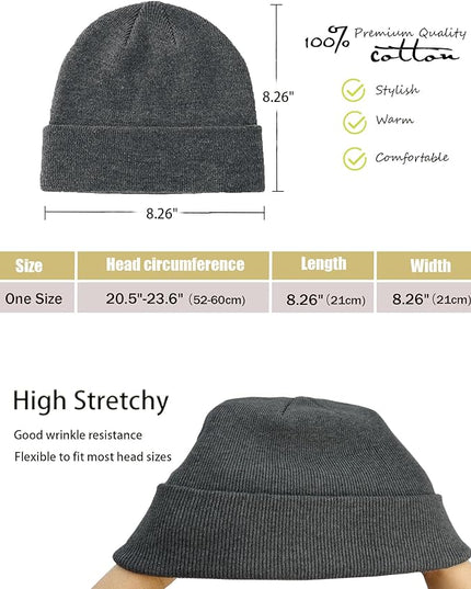 100% Cotton Beanie Hat- Unisex Ultra Soft Winter Warm Stretch Knit Cuffed Hats Fisherman Beanies Skull Cap