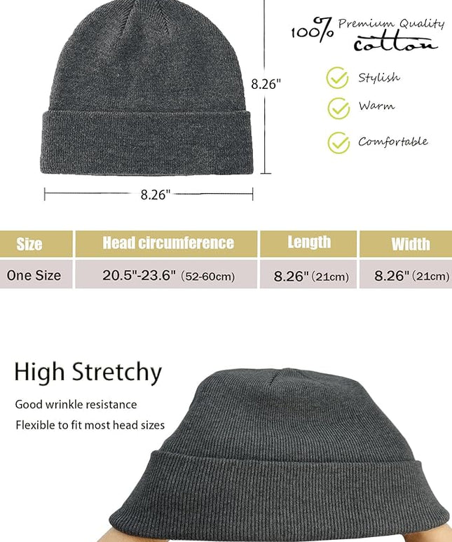 100% Cotton Beanie Hat- Unisex Ultra Soft Winter Warm Stretch Knit Cuffed Hats Fisherman Beanies Skull Cap