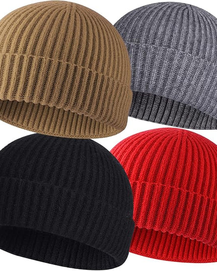 ROYBENS 4 Pack Wool Fisherman Beanies for Men, Knit Short Watch Cap Winter Warm Hats