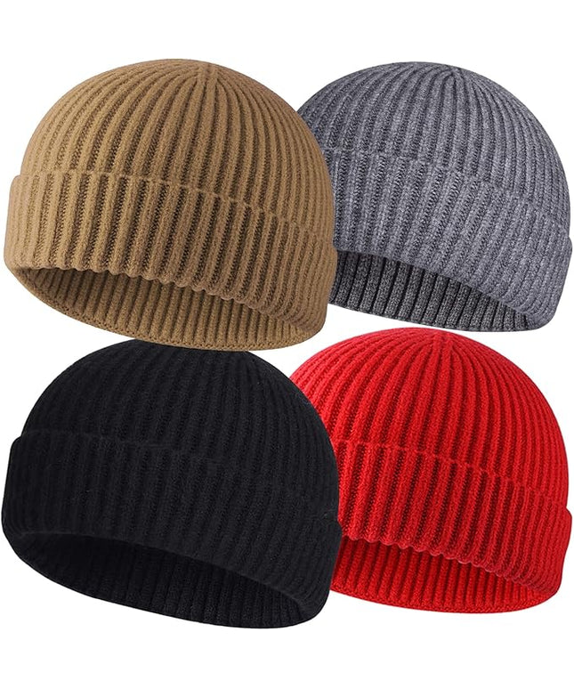 ROYBENS 4 Pack Wool Fisherman Beanies for Men, Knit Short Watch Cap Winter Warm Hats