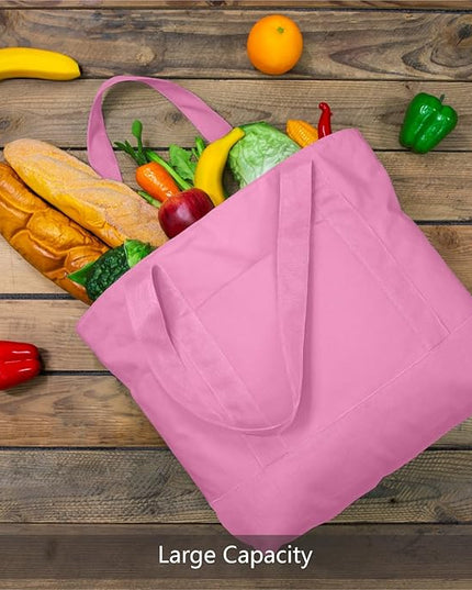 TOPDesign 6-Pack Canvas Tote Bags with an External Pocket, Reusable Grocery Shopping Bags, Top Zipper Closure, Daily Essentials (Pink)