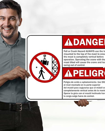 Danger Fall Or Crush Hazard Always Use The Level Mounted Bilingual Sign, 18x24 Inches, Rust Free .063 Aluminum, Fade Resistant, Made in USA by My Sign Center