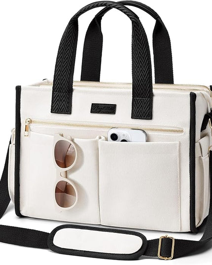 Canvas Tote Bag for Women, 15-Pockets Work Laptop Tote Purse Large Crossbody Nurse Teacher Bible Bag for School Travel Daily | with Strap & Zipper, Multi Compartment, Stand Upright Stably, College Shoulder Bag, Clinical Nursing Bag, Ideal Gift for Women